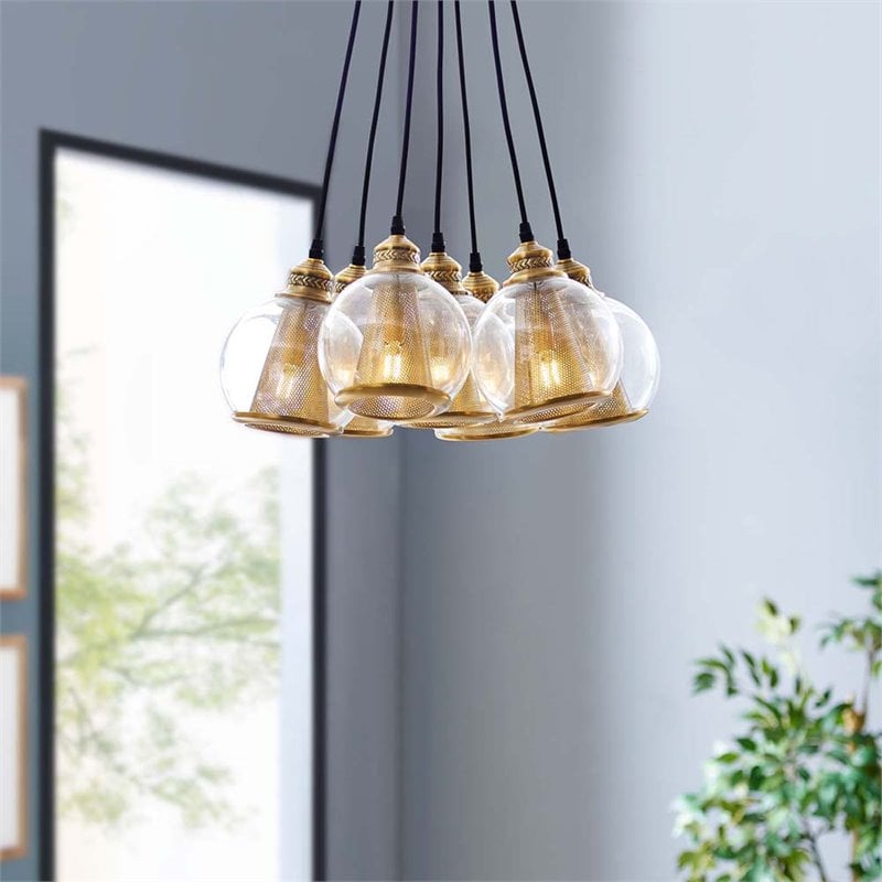 Modway Peak 7-Light Glass & Metal Chandelier in Honey Bronze and Black