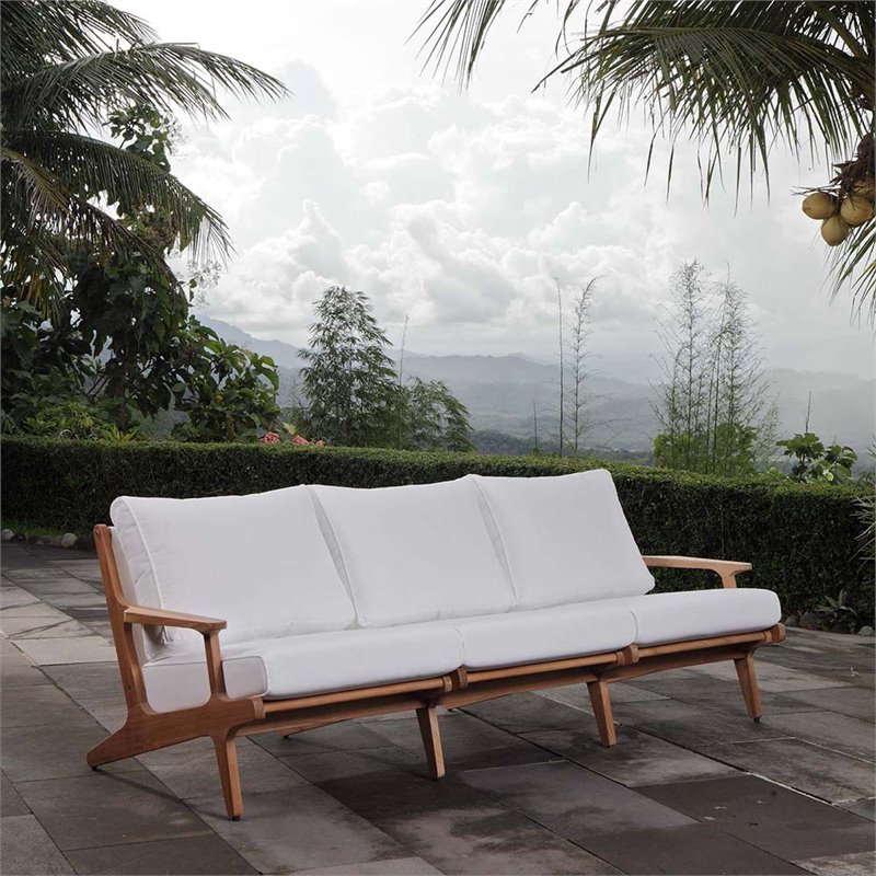 Modway Saratoga Slanted Back Wood Patio Sofa in Natural and White