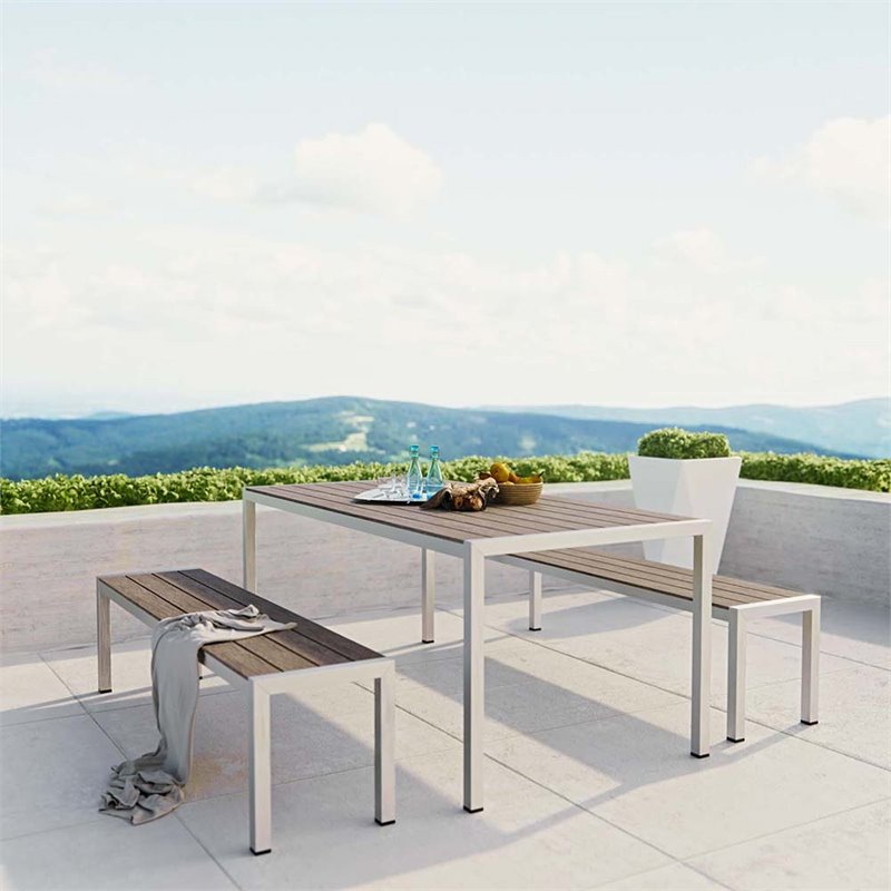 Modway Shore 3-Piece Outdoor Patio Wood and Aluminum Dining Set in Silver/Gray