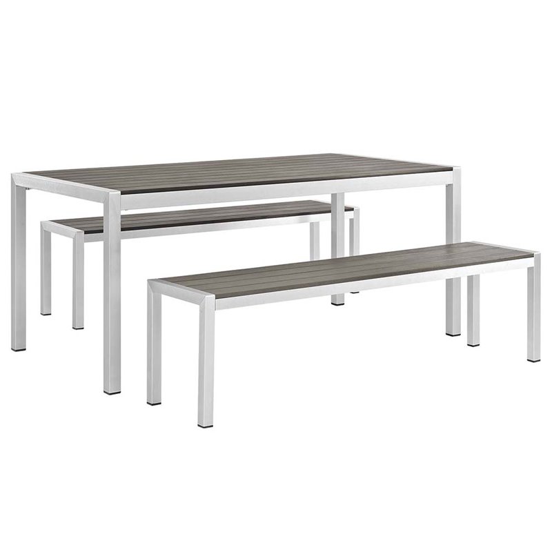 Modway Shore 3-Piece Outdoor Patio Wood and Aluminum Dining Set in Silver/Gray