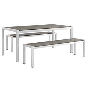 Modway Shore 3-Piece Outdoor Patio Wood and Aluminum Dining Set in Silver/Gray