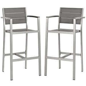 Modway Shore 30&quot Aluminum & Wood Patio Bar Stool in Silver and Gray (Set of 2)