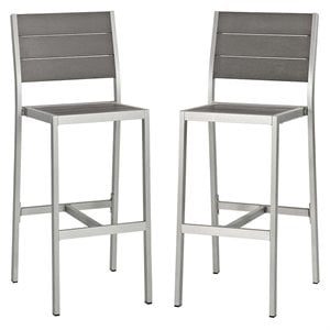 Modway Shore 29.5&quot Aluminum & Wood Patio Bar Stool in Gray and Silver (Set of 2)