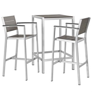 Modway Shore 3-Piece Wood & Aluminum Patio Pub Set in Silver and Gray