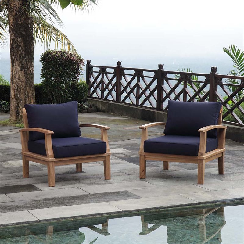 Modway Marina 2-Piece Solid Teak Wood Patio Sofa Sectional Set - Natural/Navy