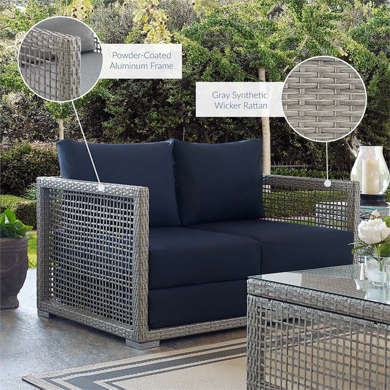 Modway Aura Modern Rattan & Fabric Outdoor Patio Loveseat in Gray and Navy