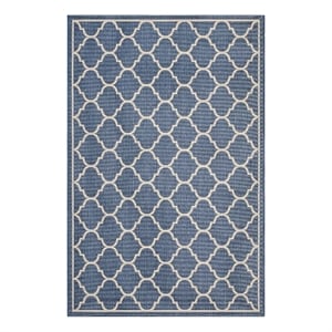 Modway Avena 94.5x122&quot Moroccan Quatrefoil Trellis Fabric Area Rug in Blue/Beige