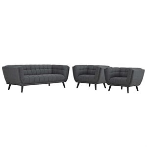 Modway Bestow 3-Piece Chic Luxe Modern Fabric Upholstered Sofa Set in Gray