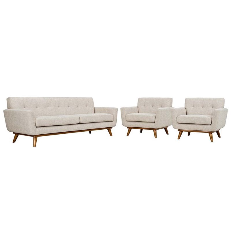 Modway Engage Modern Fabric 3-Piece Sofa Set with Armchairs in Beige