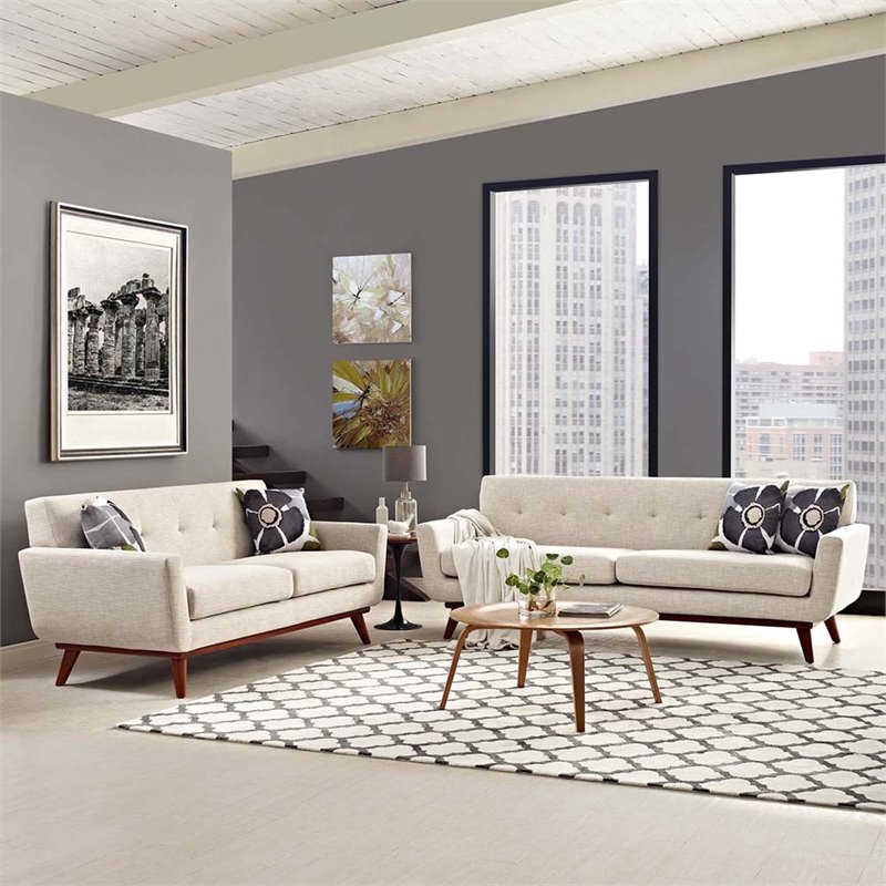 Modway Engage Modern Fabric 2-Piece Sofa Set with Loveseat in Beige