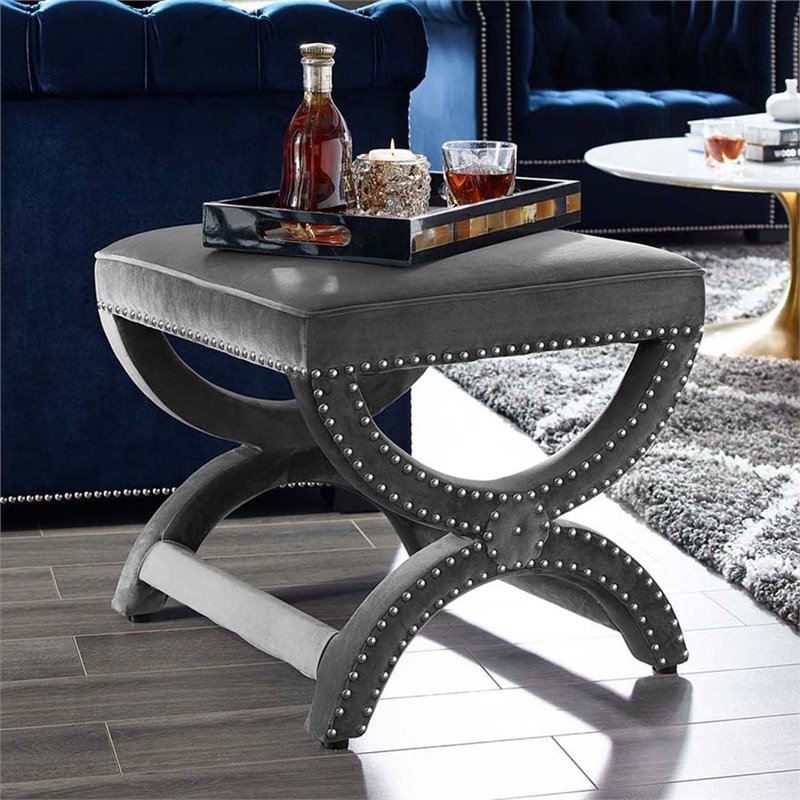 Modway Expound Velvet Upholstered Nailhead Trim Ottoman in Gray