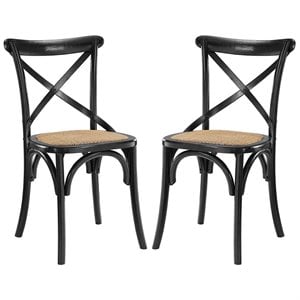 Modway Gear 18.5&quot Elm Wood and Rattan Dining Side Chair in Black (Set of 2)