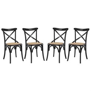 Modway Gear 18.5&quot Elm Wood and Rattan Dining Side Chair in Black (Set of 4)