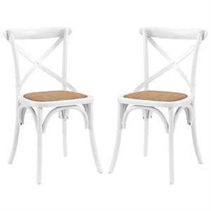 Modway Gear 18.5&quot Elm Wood and Rattan Dining Side Chair in White (Set of 2)