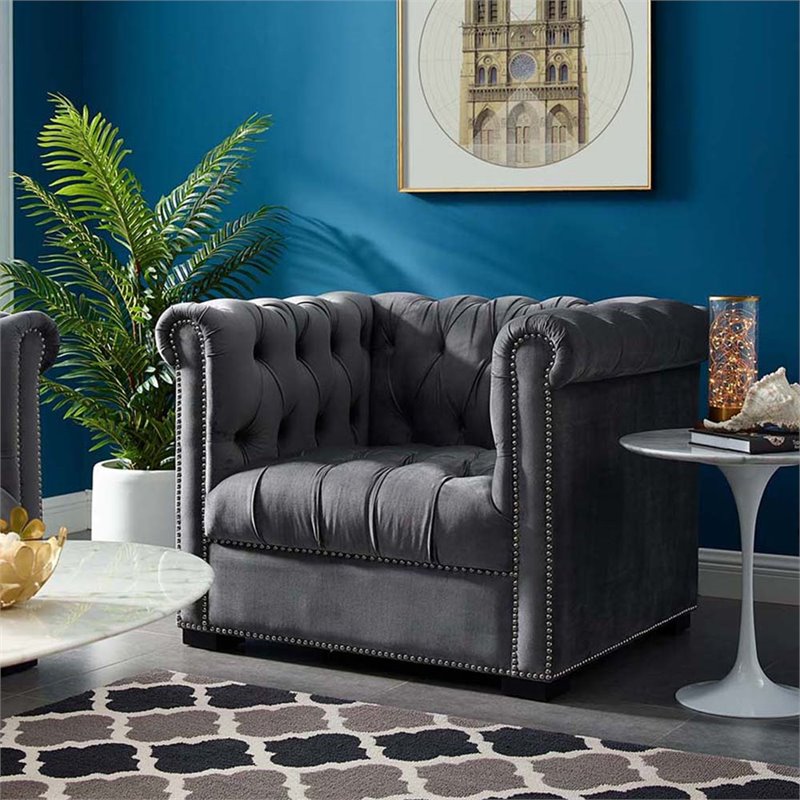 Modway Heritage Tufted Performance Velvet Accent Armchair in Gray