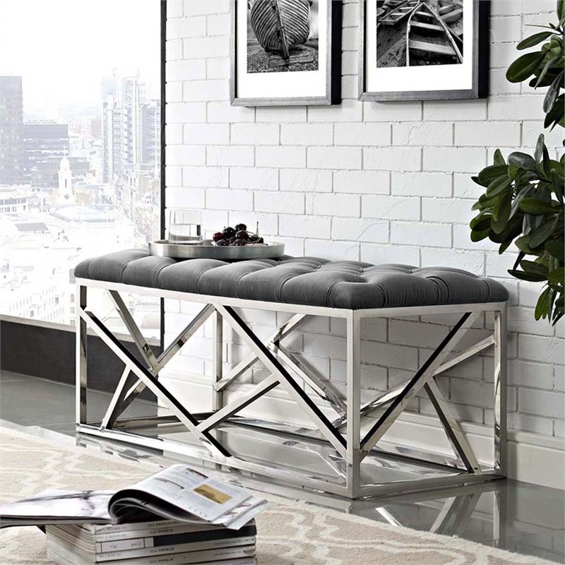 modway intersperse tufted velvet polyester bench in silver and gray