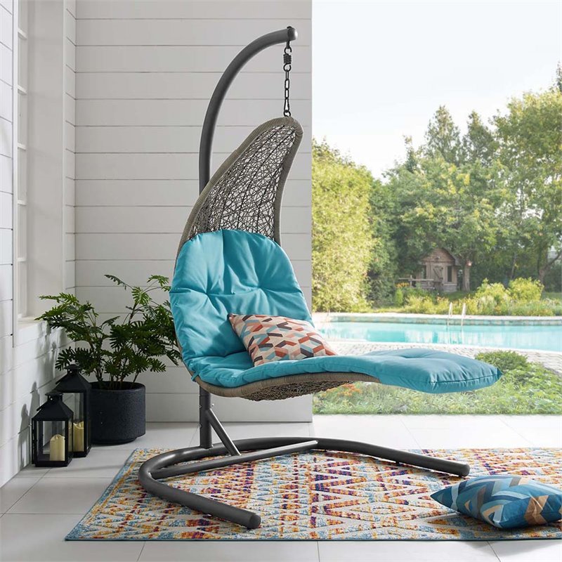 Modway Landscape Rattan & Fabric Patio Swing Chair in Light Gray and Turquoise