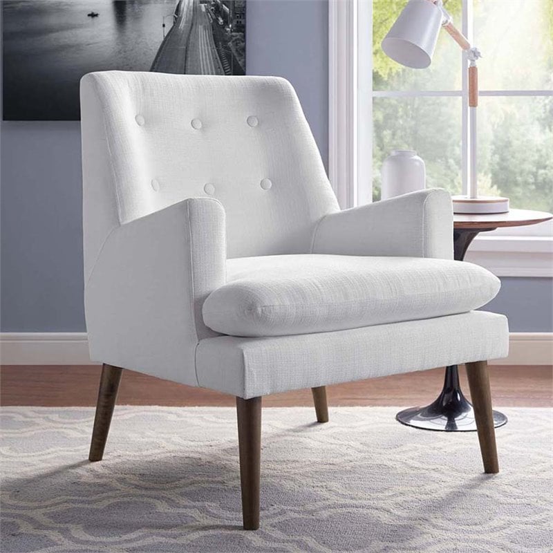 Modway Leisure Tufted Fabric Lounge Chair in White and Walnut