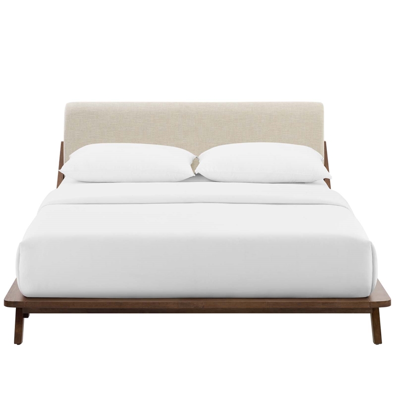Modway Luella Queen Solid Wood Fabric Platform Bed in Walnut/Beige