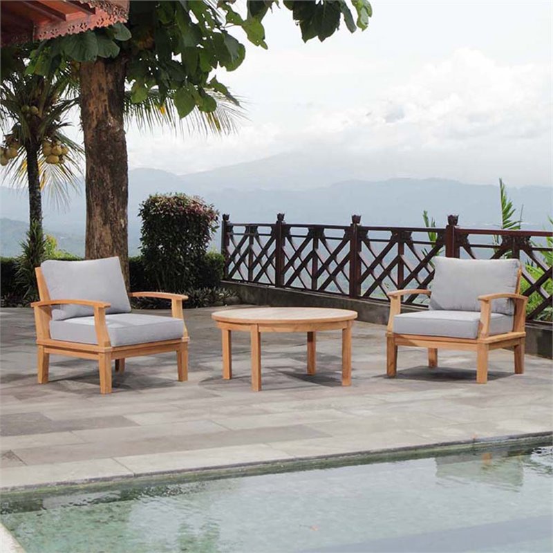 Modway Marina Modern Wood 3-Piece Teak Conversation Set in Natural/Gray