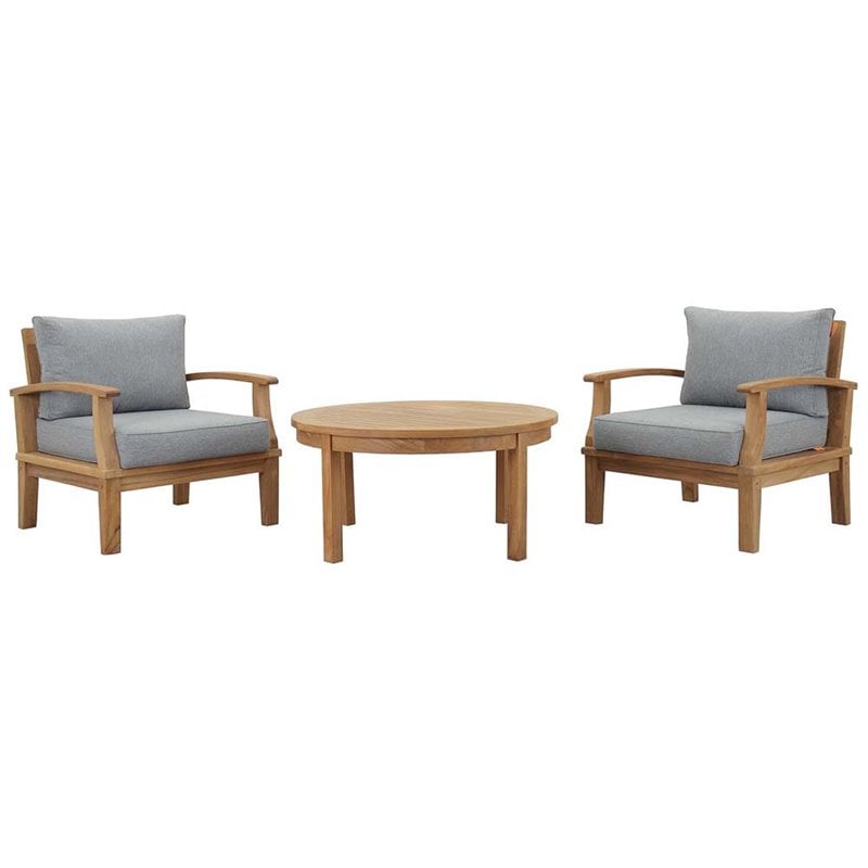 Modway Marina Modern Wood 3-Piece Teak Conversation Set in Natural/Gray
