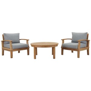 Modway Marina Modern Wood 3-Piece Teak Conversation Set in Natural/Gray