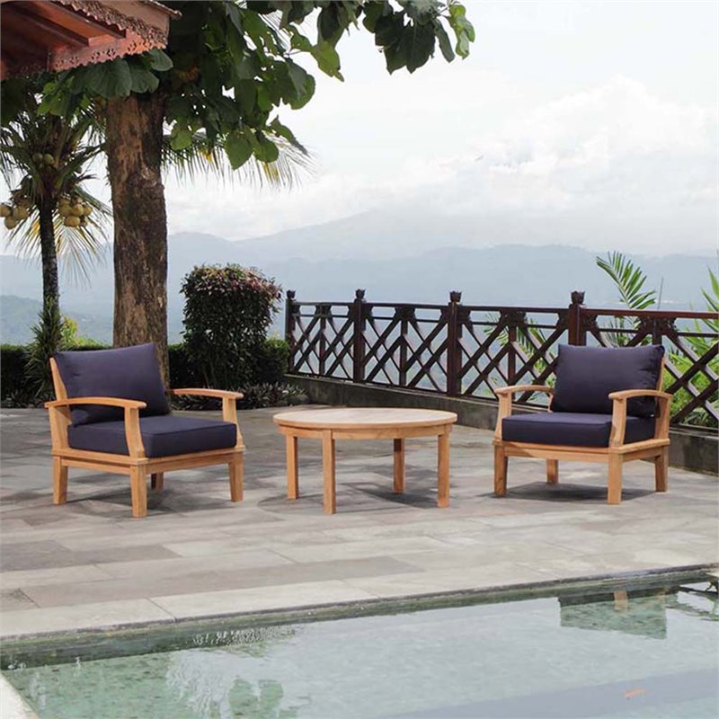 Modway Marina Modern Wood 3-Piece Teak Conversation Set in Natural/Navy