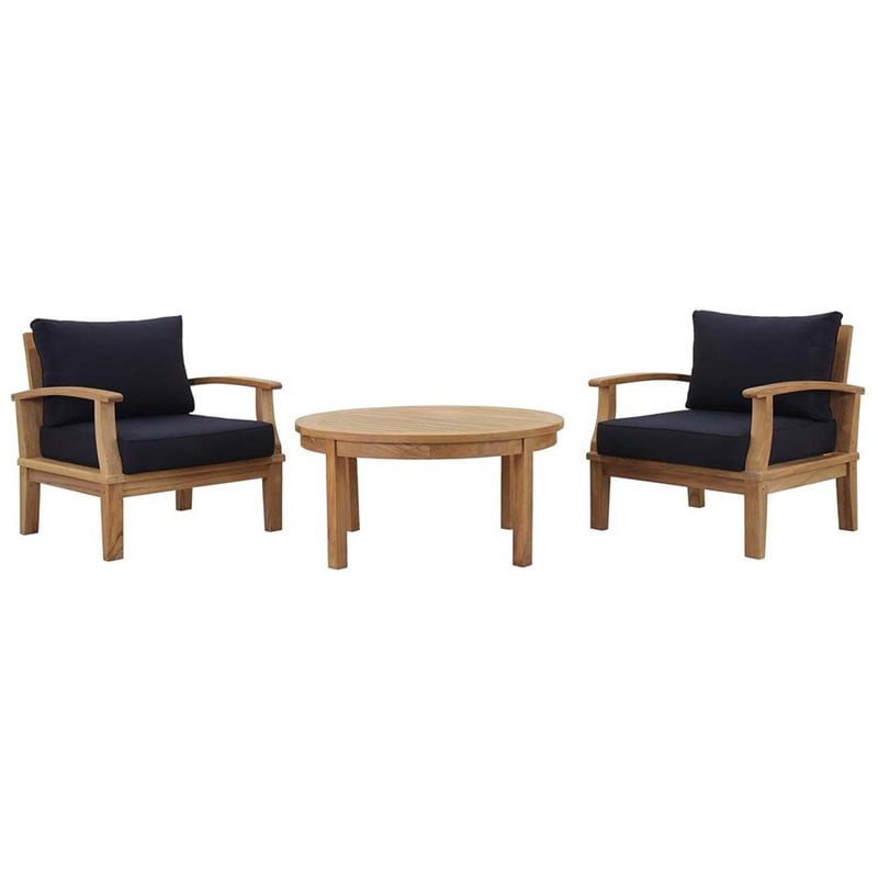 Modway Marina Modern Wood 3-Piece Teak Conversation Set in Natural/Navy