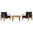 Modway Marina Modern Wood 3-Piece Teak Conversation Set in Natural/Navy