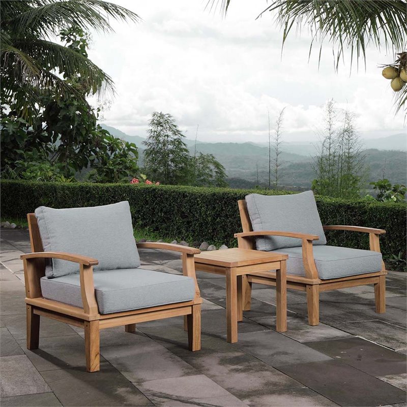 Modway Marina Modern Wood 3-Piece Conversation Set in Natural/Gray