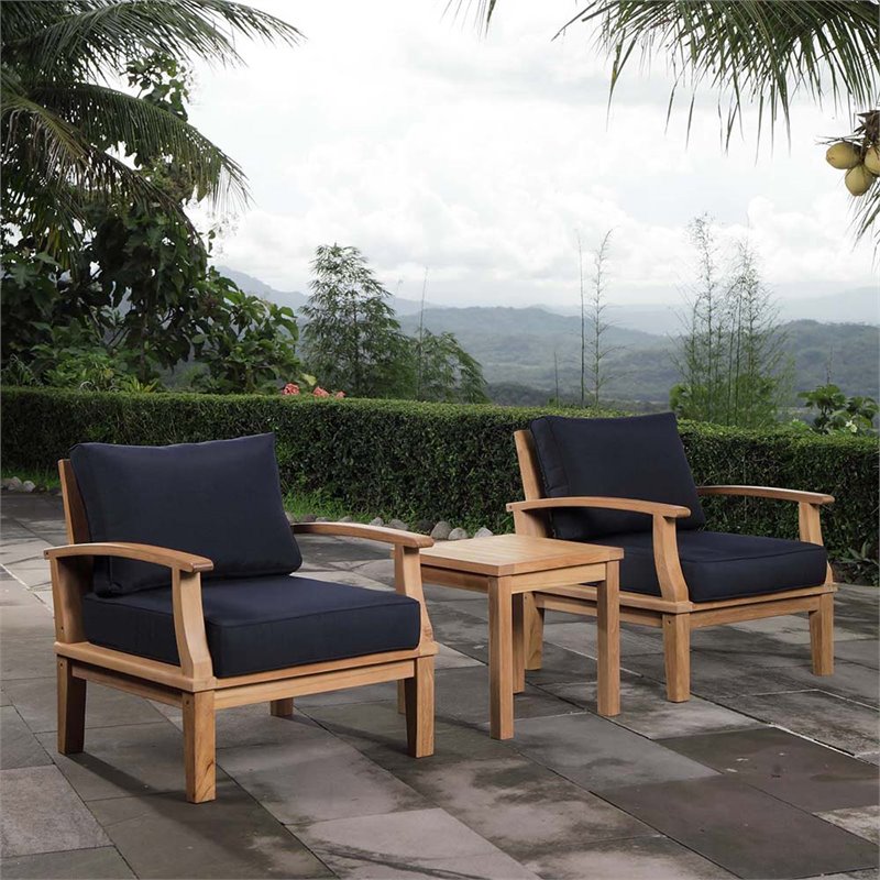 Modway Marina Modern Wood 3-Piece Conversation Set in Natural/Navy