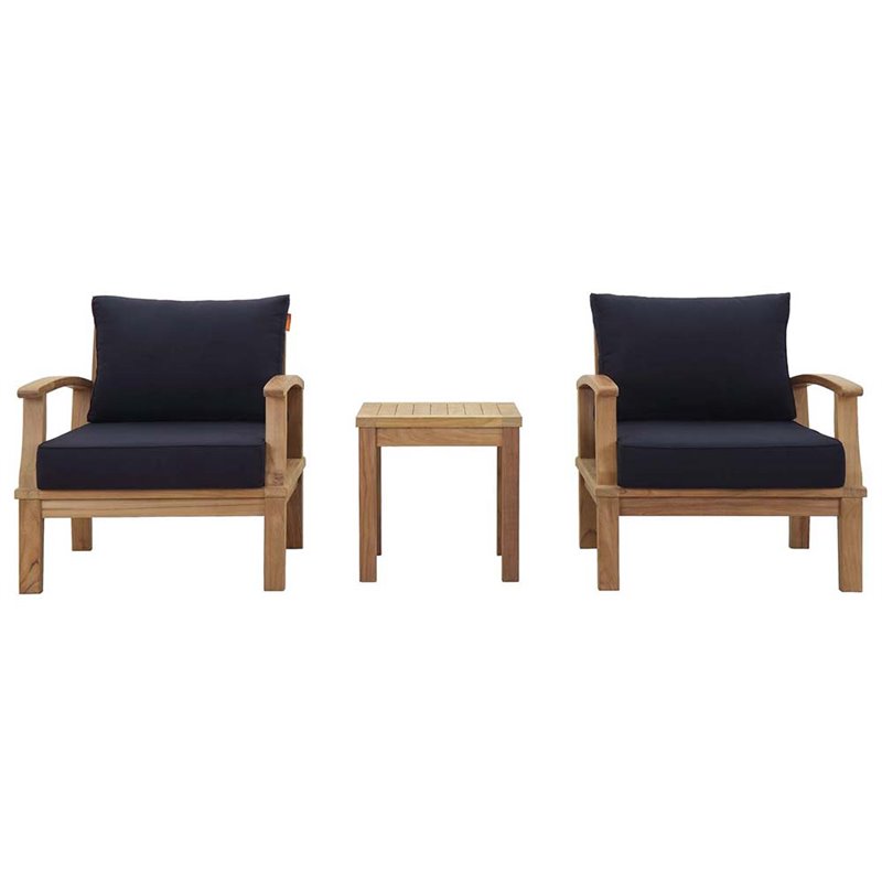 Modway Marina Modern Wood 3-Piece Conversation Set in Natural/Navy