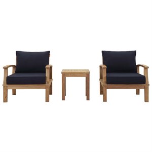 Modway Marina Modern Wood 3-Piece Conversation Set in Natural/Navy
