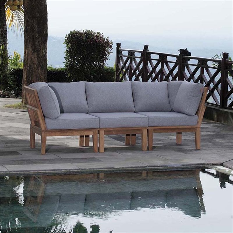 Modway Marina 3-Piece Solid Teak Wood Patio Sofa Sectional Set in Natural/Gray