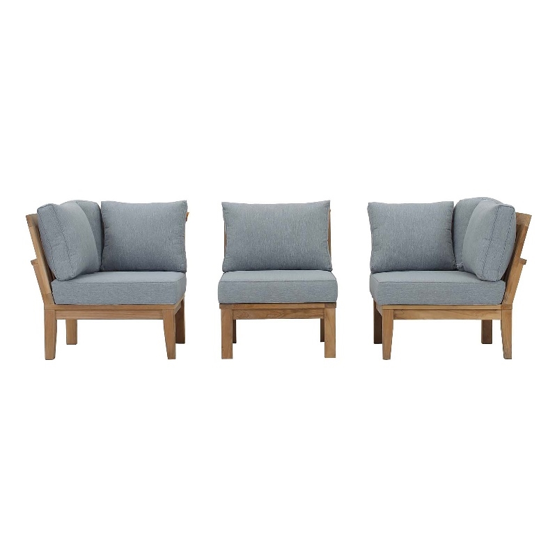 Modway Marina 3-Piece Solid Teak Wood Patio Sofa Sectional Set in Natural/Gray