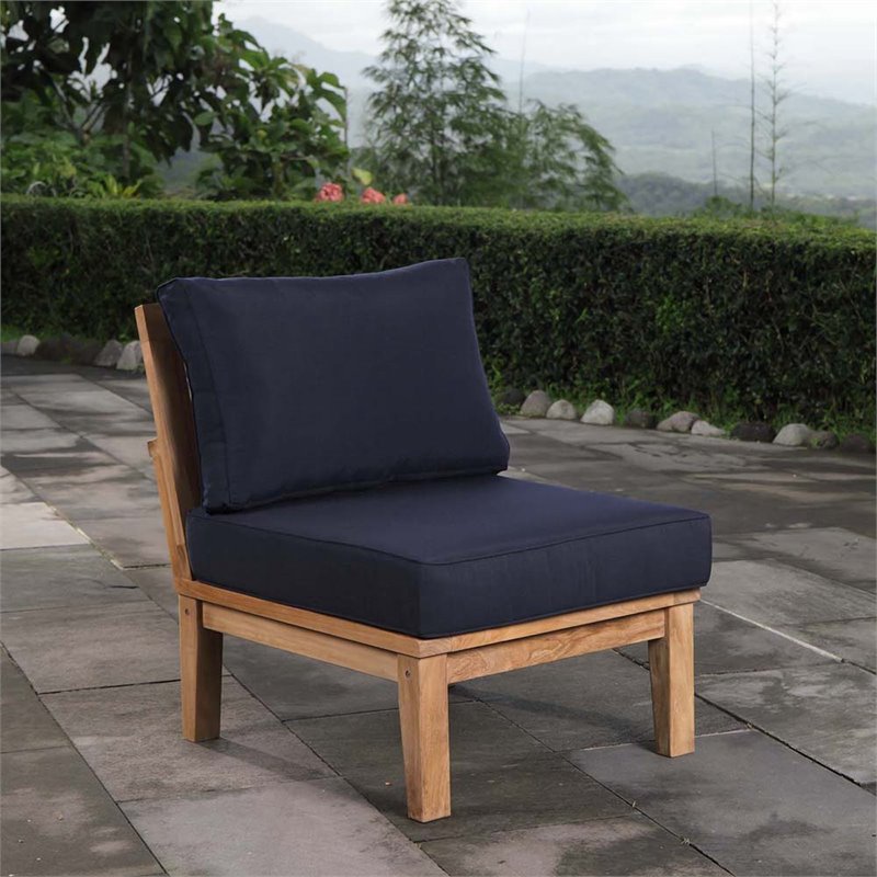 Modway Marina Modern Wood Outdoor Teak Armless Chair in Natural/Navy