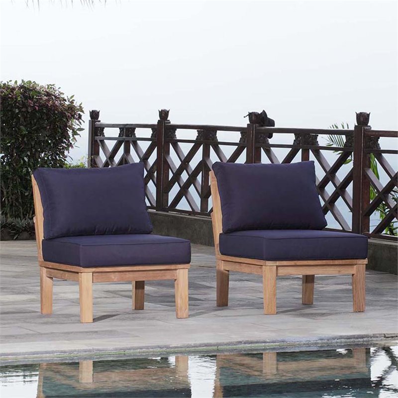 Modway Marina 2-Piece Solid Teak Wood Patio Sofa Sectional Set in Natural/Navy