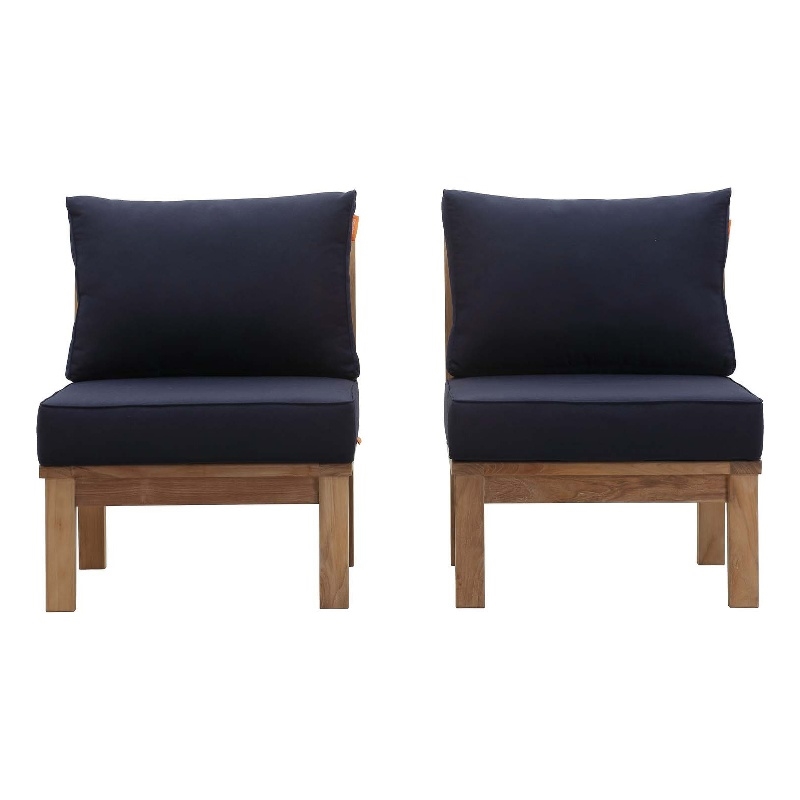 Modway Marina 2-Piece Solid Teak Wood Patio Sofa Sectional Set in Natural/Navy