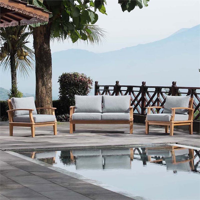 Modway Marina Modern Wood 3-Piece Patio Teak Sofa Set in Natural/Gray