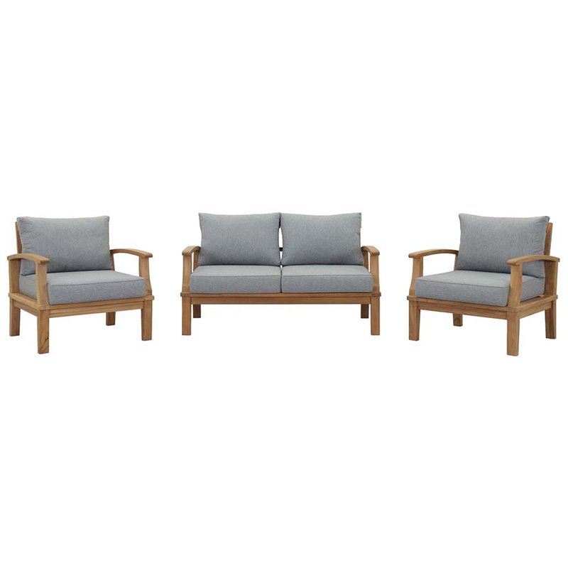 Modway Marina Modern Wood 3-Piece Patio Teak Sofa Set in Natural/Gray