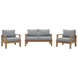 Modway Marina Modern Wood 3-Piece Patio Teak Sofa Set in Natural/Gray