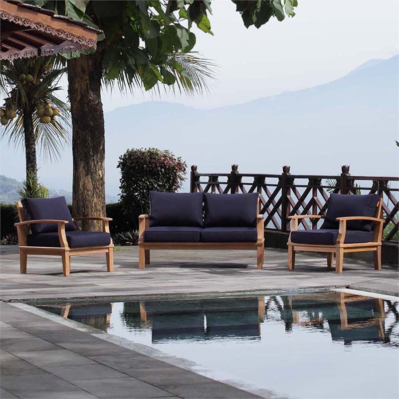 Marina 3 Piece Outdoor Patio Teak Set in Natural Navy