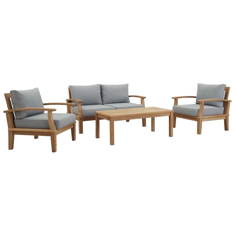 Modway Marina 4-Piece Solid Teak Wood Patio Sofa Set in Natural/Gray