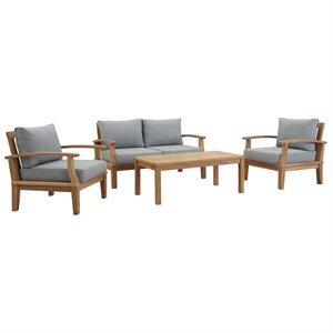 Modway Marina 4-Piece Solid Teak Wood Patio Sofa Set in Natural/Gray