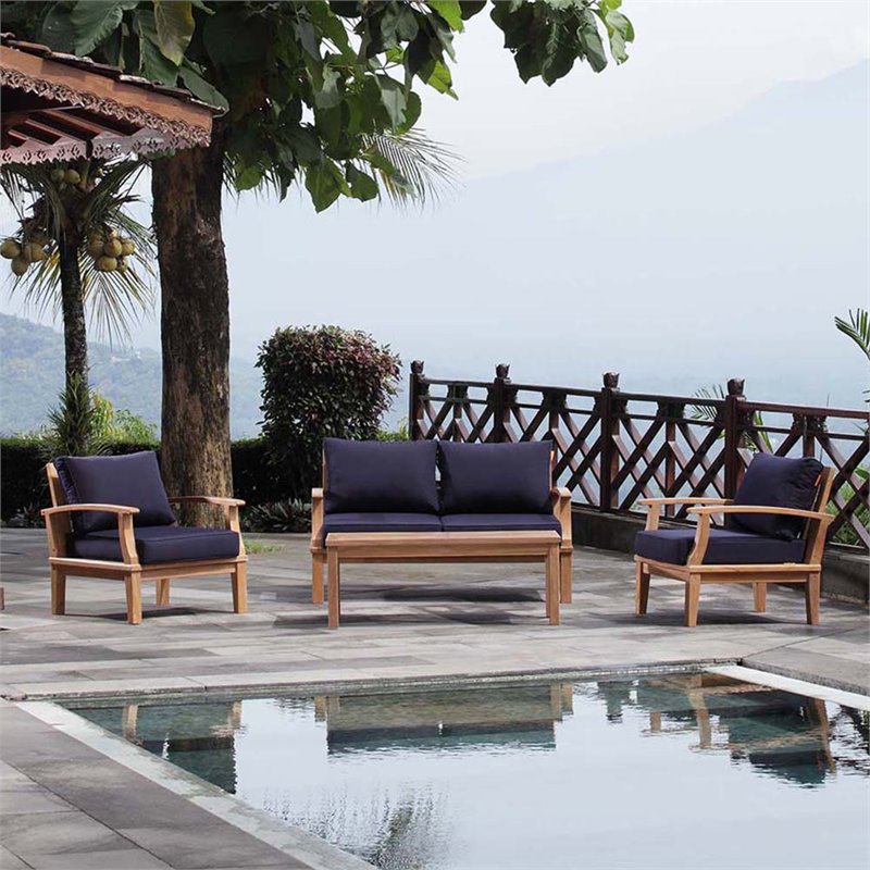 Marina 4 Piece Outdoor Patio Teak Set in Natural Navy
