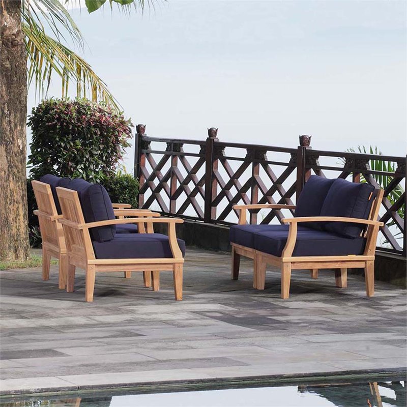 Modway Marina 4 Piece Patio Sofa Set in Natural and Navy