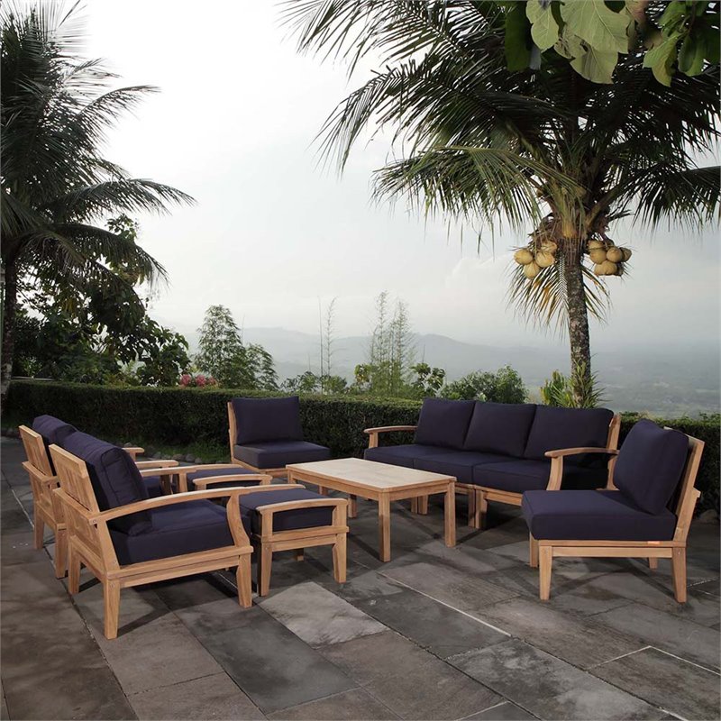 Modway Marina 4 Piece Patio Sofa Set in Natural and Navy