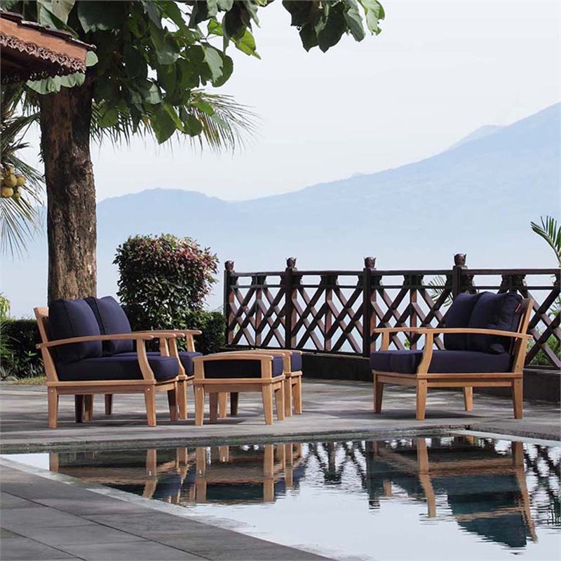 Marina 5 Piece Outdoor Patio Teak Set in Natural Navy