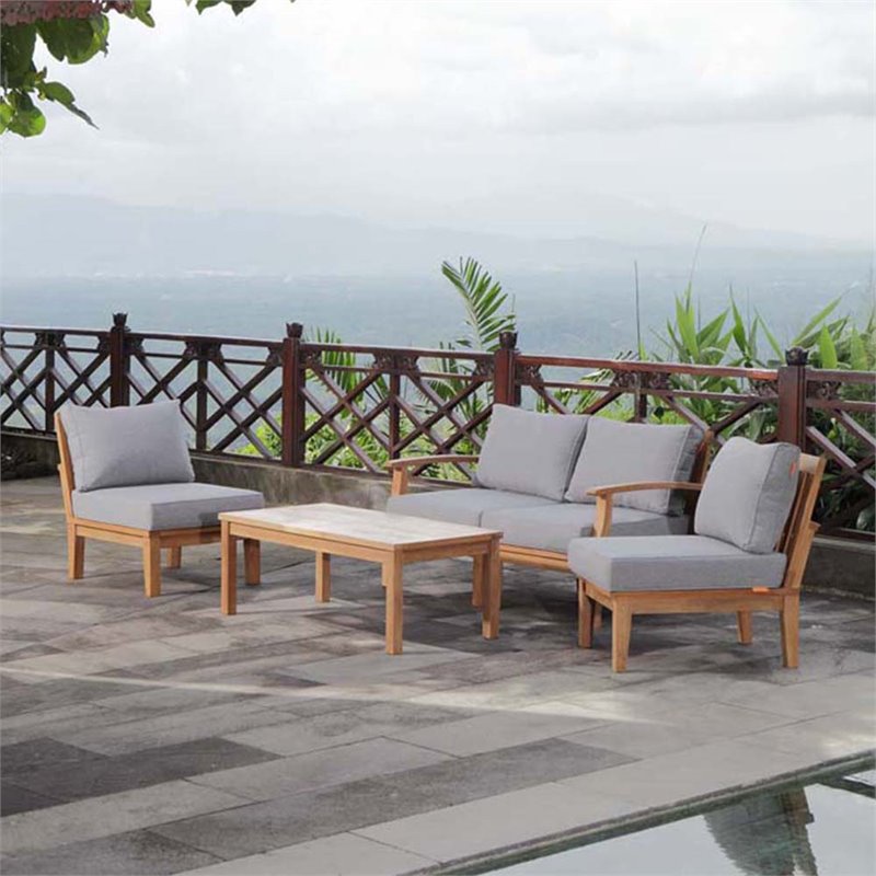 Modway Marina Modern Wood 5-Piece Patio Teak Sofa Set in Natural/Gray