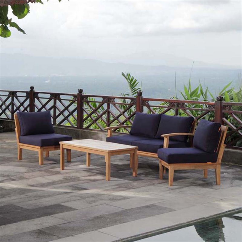 Modway Marina 5-Piece Solid Teak Wood Patio Sofa Set in Natural/Navy